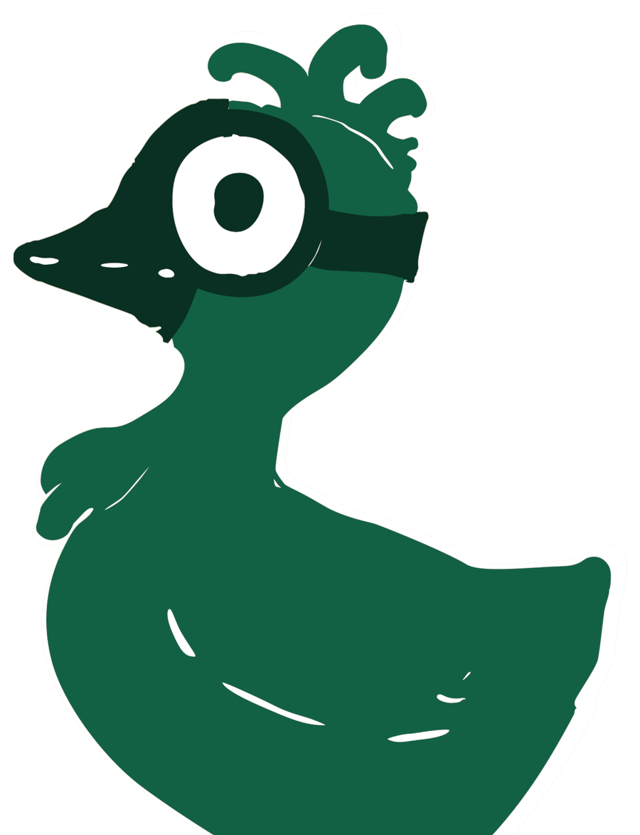 Plagued By Poultry mascot illustration, a green duck in a welding-style eye mask, floating on water