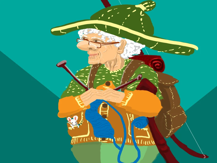 Grandma Gnome character illustration with pack and walking stick