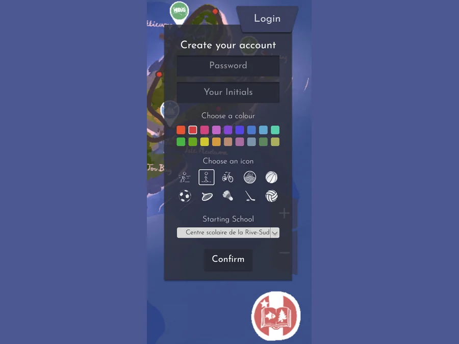 Grouillons-Nous! account creation screen with colour and icon pickers