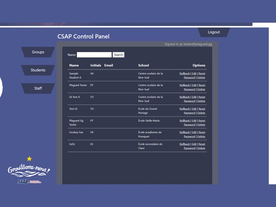 CSAP control panel listing students, schools and staff