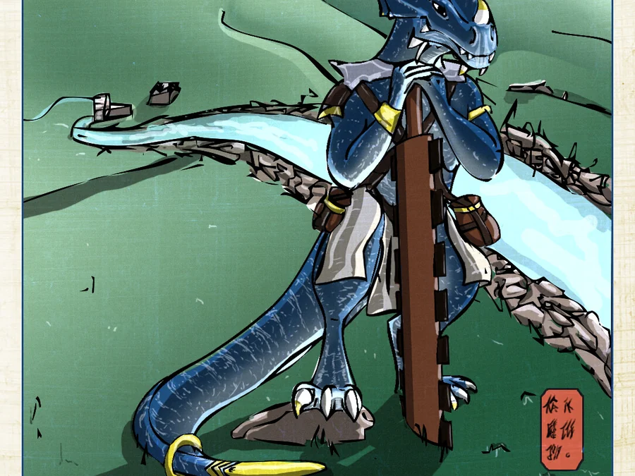 Lizard Barbarian character illustration with staff