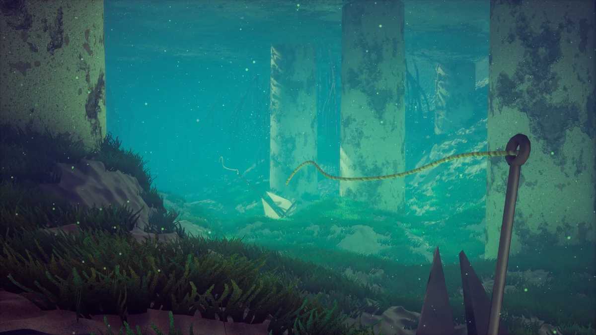An underwater scene of sunlit green water, kelp and submerged pillars
