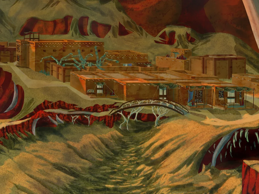 The Seed — a canyon settlement built into red rock terraces