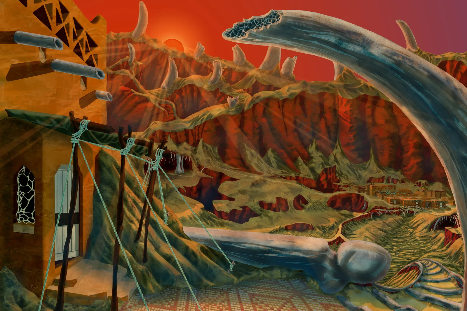 The Seed &mdash; concept art of a vast skeletal ridge above a red canyon settlement