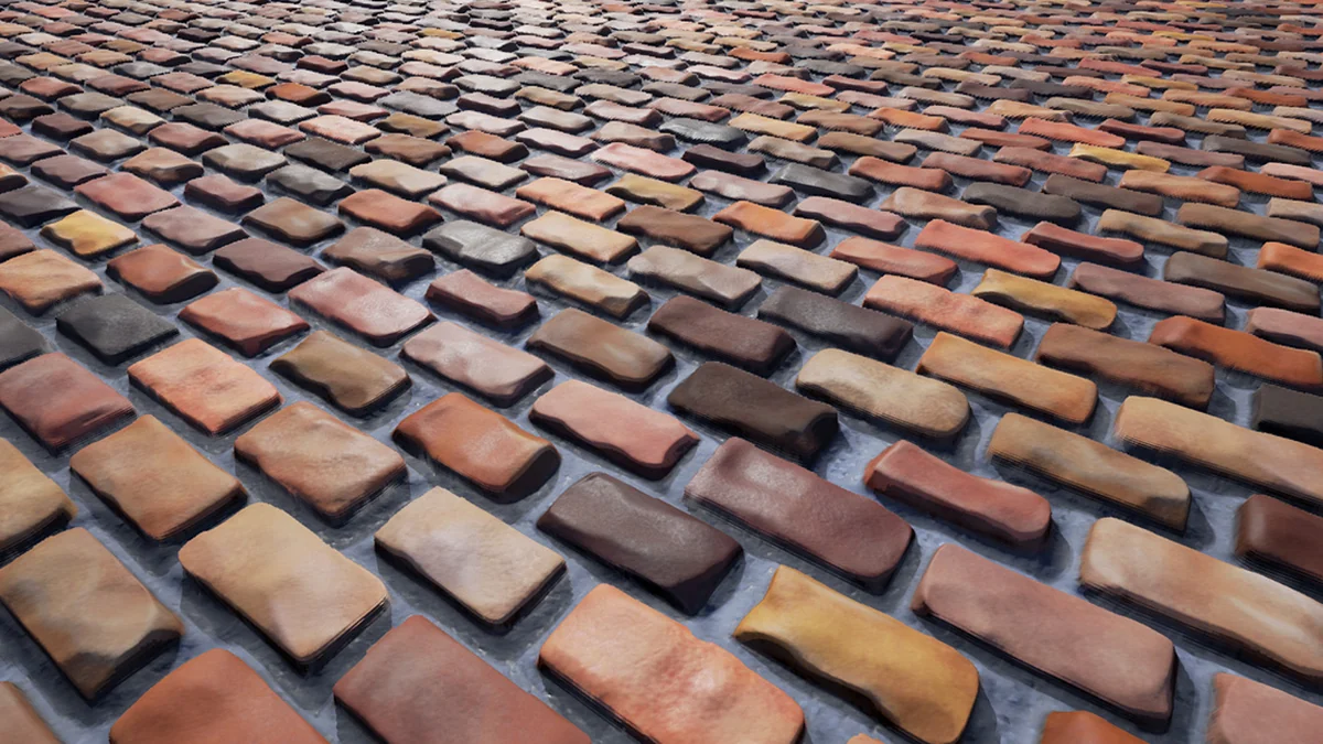 A procedural tiling material laid across a cobbled surface